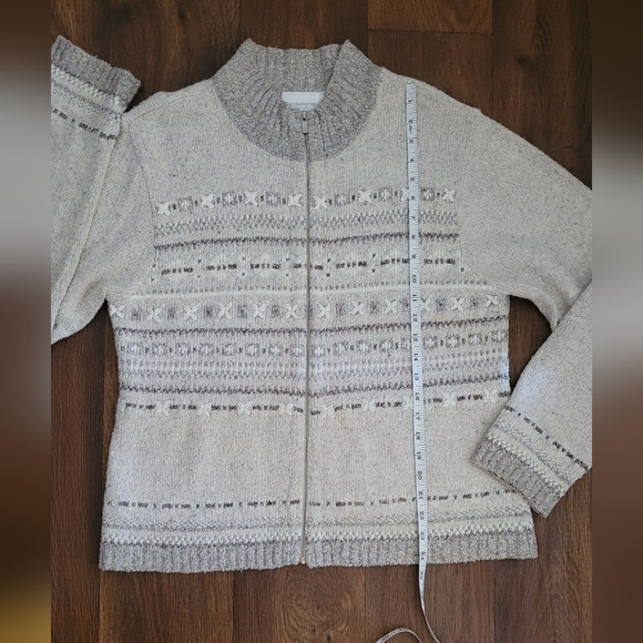 Liz Claiborne soft textured full zip cardigan sweater Women's large cream, grey - Picture 8 of 8